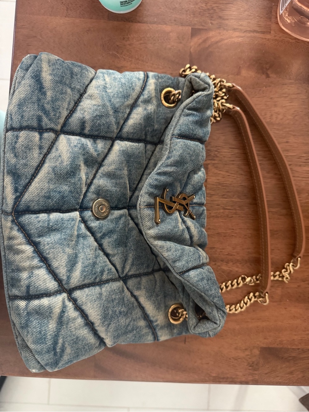 Saint Laurent Quilted Denim Shoulder Lou Lou Bag in Light Blue Denim